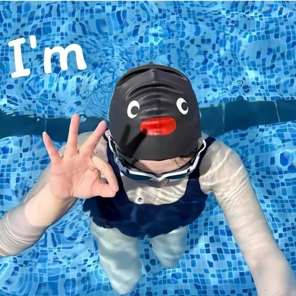 Aquatic Sports Cap - Niedliche Cartoon-Elastik-Pinguin-Badekappe, wasserdicht, bequeme Badekappe, vergrößerte,